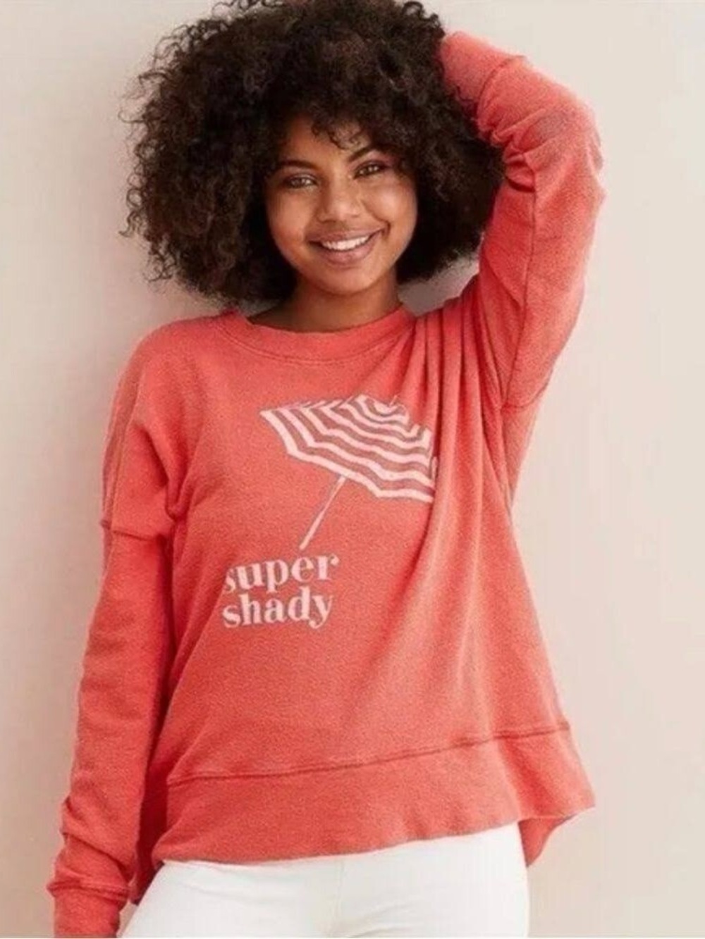 Aerie “Super Shady” Coral Pullover Sweatshirt Graphic Umbrella Oversized Small